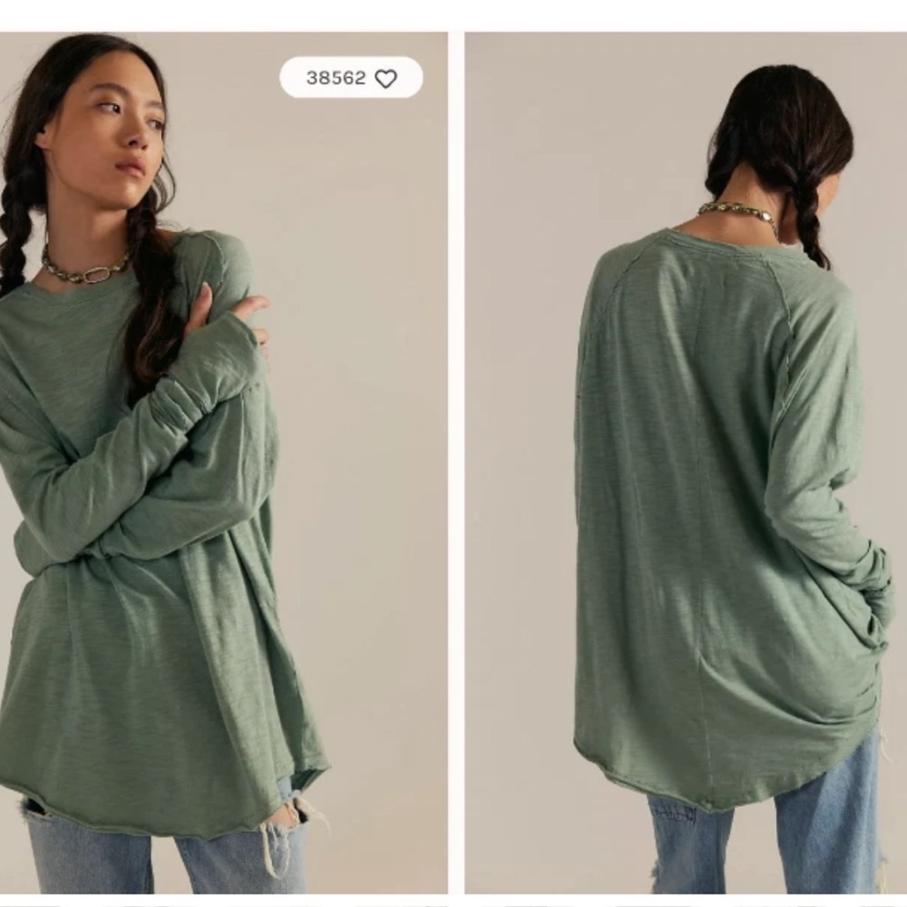 We The Free Sz XS 100% Cotton Arden Long Sleeve Oversized Tee In Army Green - Picture 4 of 8